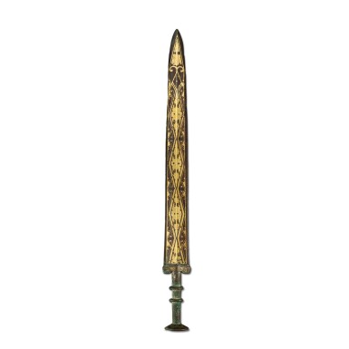 View full screen - View 1 of Lot 3558. An archaic gold-inlaid bronze 'geometric' sword, Eastern Zhou dynasty, Warring States period | 東周戰國 銅錯金幾何紋劍.
