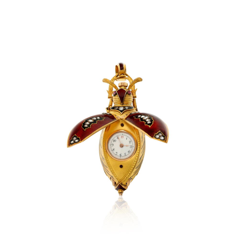 View full screen - View 1 of Lot 126. A yellow gold, enamel, and diamond-set scarab form watch, Circa 1910.