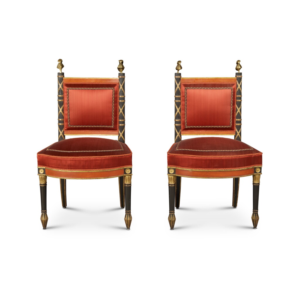 View full screen - View 1 of Lot 1168. WINDSOR: A Pair of Empire Style Gilt-Bronze Mounted Parcel-Gilt and Ebonized Wood Chaises.
