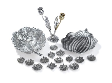 View full screen - View 1 of Lot 430. A GROUP OF ITALIAN SILVER LEAF- AND FLOWER-FORM TABLE ARTICLES, BUCCELLATI, 20TH CENTURY.