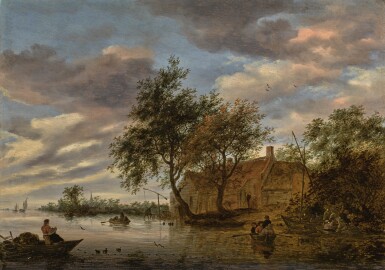 View full screen - View 1 of Lot 136. SALOMON VAN RUYSDAEL | River landscape with figures in rowing boats, and fishermen hauling a net in the foreground.