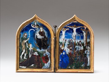 View full screen - View 1 of Lot 317. Diptych with the Crucifixion and Adoration Scene | Diptyque avec la Crucifixion et une Scène d'adoration.