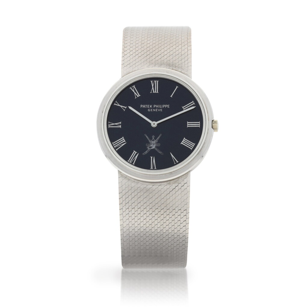 View full screen - View 1 of Lot 8096. Patek Philippe | Reference 3606, A white gold bracelet watch, Made for the Sultanate of Oman, Made in 1973 | 百達翡麗 | 型號 3606 白金鏈帶腕錶,為阿曼之蘇丹王而製,1973年製.