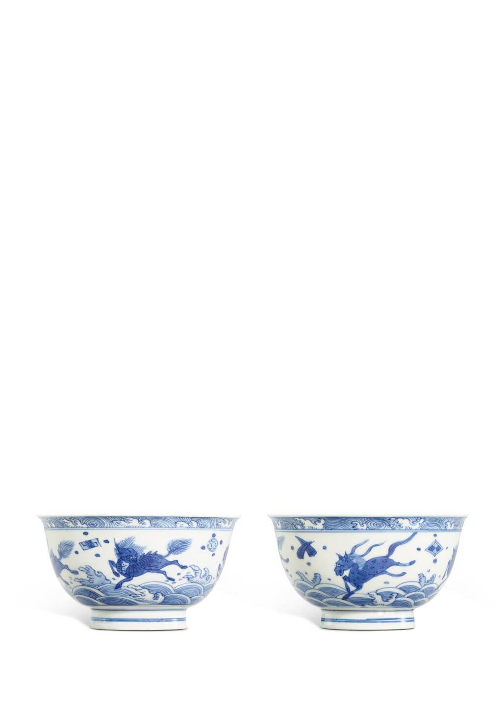 View full screen - View 1 of Lot 3691. A rare pair of blue and white 'sea horse' bowls, Marks and period of Wanli | 明萬曆 青花海獸麒麟紋盌一對 《大明萬曆年製》款.