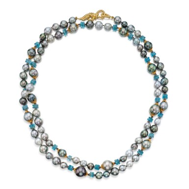 View full screen - View 1 of Lot 97. Cultured Pearl, Topaz and Diamond Necklace.