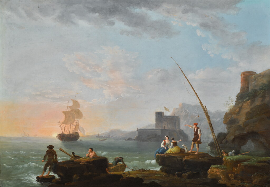 View full screen - View 1 of Lot 156. JEAN-FRANÇOIS HUÉ | Fisherman and other figures along a shoreline, a sailboat in the distance.