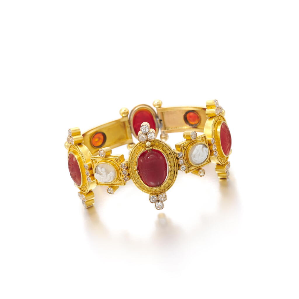 View full screen - View 1 of Lot 3. Intaglio, cameo and diamond bangle| Bracciale in cammei, intagli e diamanti 1890.