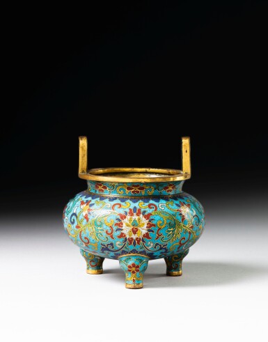 View full screen - View 1 of Lot 145. A cloisonné enamel 'lotus' tripod censer, Mark and period of Qianlong .