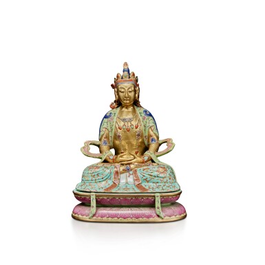 View full screen - View 1 of Lot 19. A gilt and famille-rose figure of Amitayus, Qing dynasty, Qianlong period.