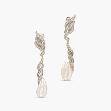 View full screen - View 1 of Lot 38. Cultured Pearl and Diamond Earrings .