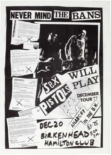 View full screen - View 1 of Lot 51. Jamie Reid | Double sided handbill for the Never Mind the Bans tour, 20 December 1977.