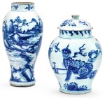 POTICHE COUVERTE EPOQUE TRANSITION, XVIIE SIÈCLE ET VASE BALUSTRE EN PORCELAINE BLEU BLANC DYNASTIE QING, XVIIIE SIÈCLE |十七世紀 青花瑞獸紋蓋罐 及 清十八世紀 青花山水紋觀音尊 | A blue and white 'lion' jar and cover, Transitional period, 17th century, and a blue and white baluster vase, Qing Dynasty, 18th century