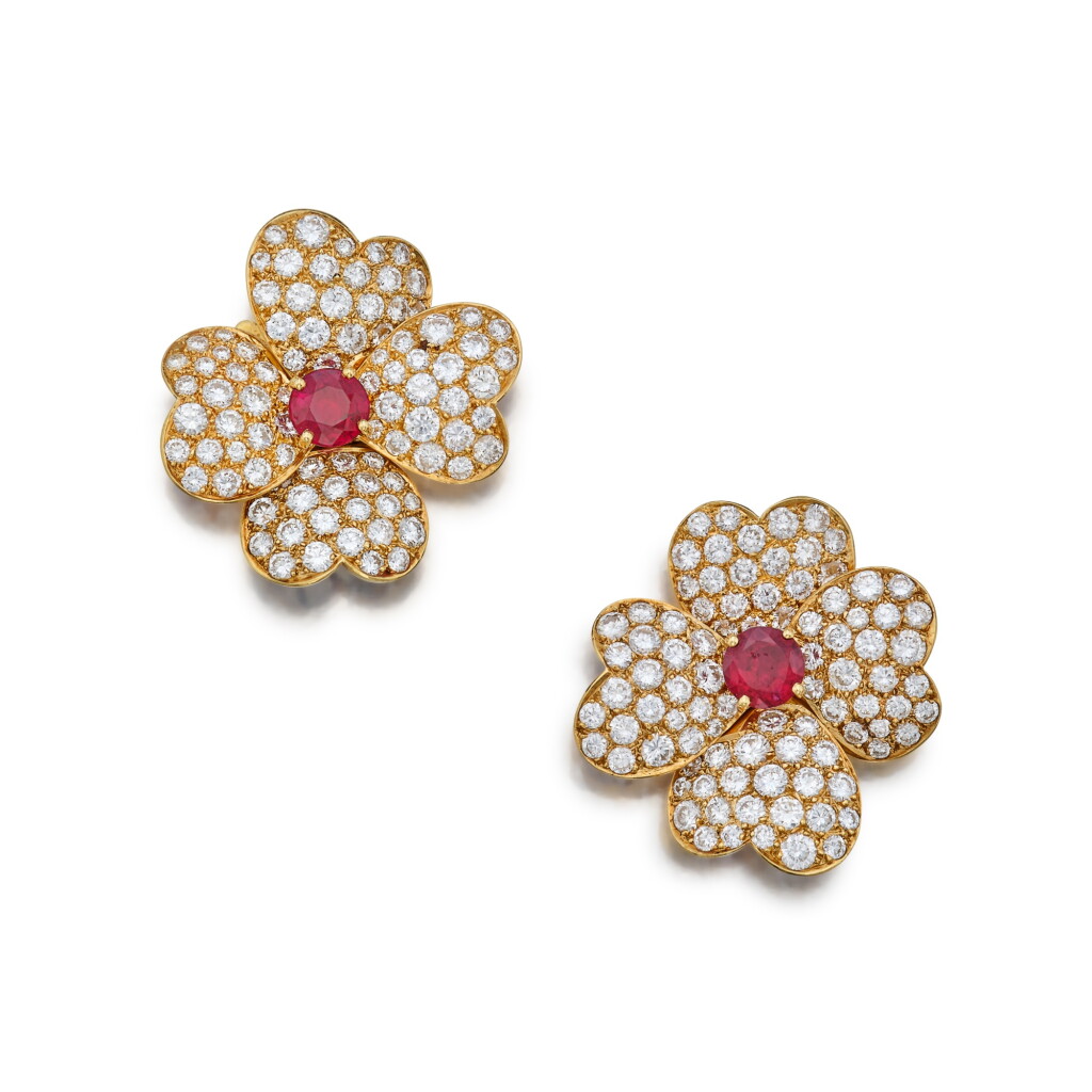 View full screen - View 1 of Lot 219. Pair of Ruby and Diamond 'Cosmos' Earclips, France.
