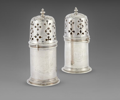 View full screen - View 1 of Lot 628. Two Similar Charles II Silver Casters, Maker's Mark RB or BB Above a Heart and Francis Garthorne, London, 1675 and Circa.