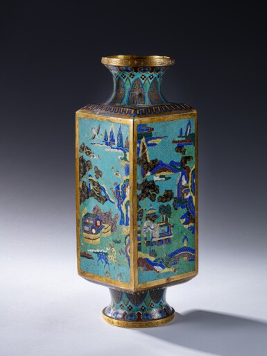 View full screen - View 1 of Lot 146. A rare cloisonné enamel 'landscape' cong-form vase, Qing dynasty, 18th century.