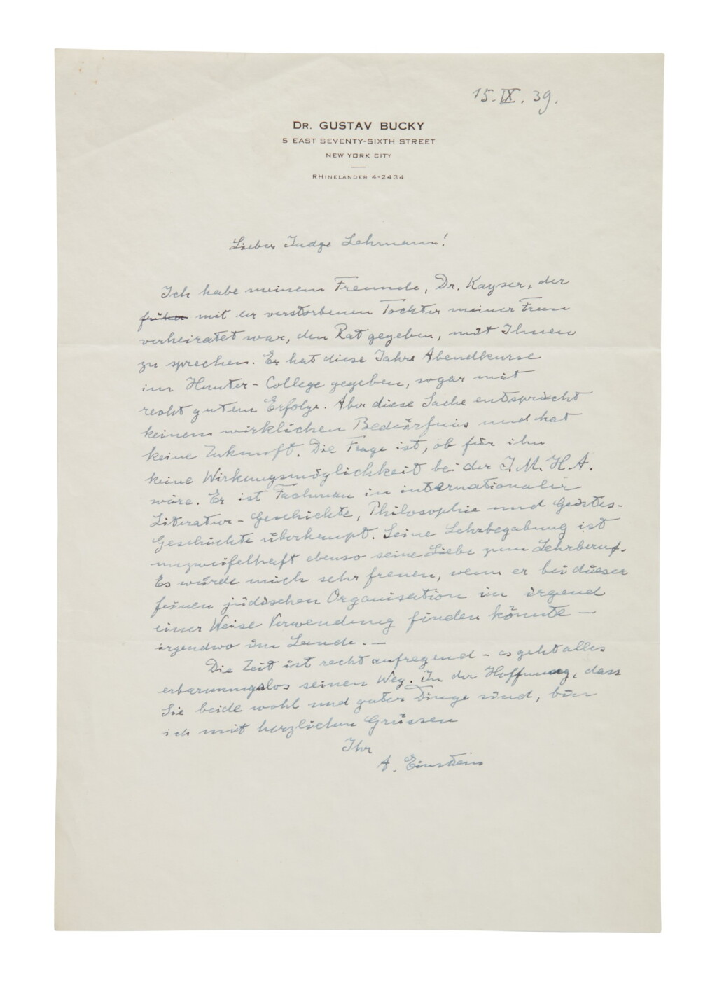 View full screen - View 1 of Lot 136. Einstein, Albert | A signed, autograph letter seeking to secure employment for his son-in-law.