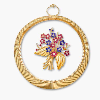 View full screen - View 1 of Lot 1522. Ruby, Synthetic Ruby, Sapphire and Diamond Retro Brooch and a Gold Retro Necklace | 紅寶石 配 人造紅寶石 配 藍寶石 及 鑽石 復古時期 胸針;及 復古時期 項鏈.