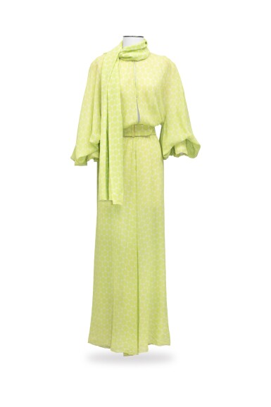 View full screen - View 1 of Lot 36. Lancetti, circa 1970, Muslin jumpsuit with matching scarf | Combinaison pantalon en mousseline, echarpe longue et ceinture.