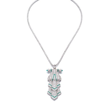 View full screen - View 1 of Lot 768. Emerald and diamond brooch/pendant, 1930s, and a necklace.
