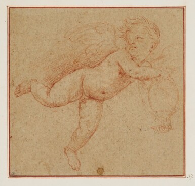 View full screen - View 1 of Lot 525. CIRCLE OF SIMONE CANTARINI, CALLED IL PESARESE | A putto in flight holding an urn .
