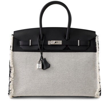 View full screen - View 1 of Lot 54. Limited Edition Black Swift and Ecru Twill H Canvas Fray Fray Birkin 35 Palladium Hardware, 2021.