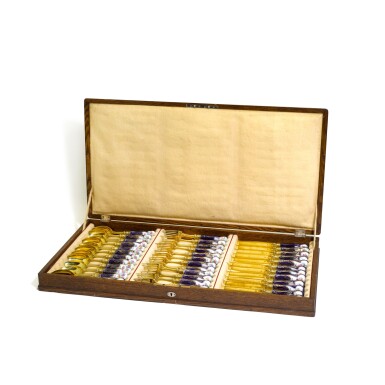 View full screen - View 1 of Lot 87. A PORCELAIN HANDLED DESSERT SERVICE WITH SILVER-GILT BLADES, TINES AND BOWLS, PROBABLY GERMAN, 19TH CENTURY.