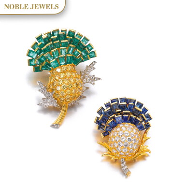 View full screen - View 1 of Lot 303. VERDURA | PAIR OF SAPPHIRE, EMERALD AND DIAMOND BROOCHES, 'THISTLE', 1960.