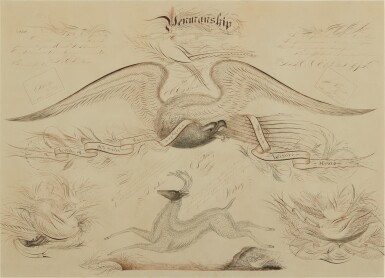View full screen - View 1 of Lot 196. Pen and Ink Calligraphy of an American Eagle and Deer, M.E. Blackman, dated 1902.