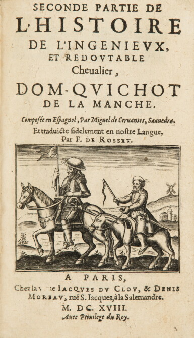 View full screen - View 1 of Lot 18. Le Valeureux Don Quixote de la Manche. 1616. 2 volume en maroquin rouge. L'exemplaire Daguin.