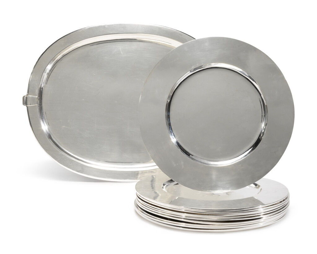 View full screen - View 1 of Lot 444. An American Art Deco Silver Tray and Twelve Silver Plated Chargers, Dirk Van Erp, San Francisco, 2nd Quarter 20th Century.