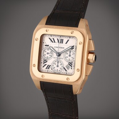 View full screen - View 1 of Lot 314. Reference 2935 Santos 100 | A pink gold automatic rectangular chronograph wristwatch with date, Circa 2008.