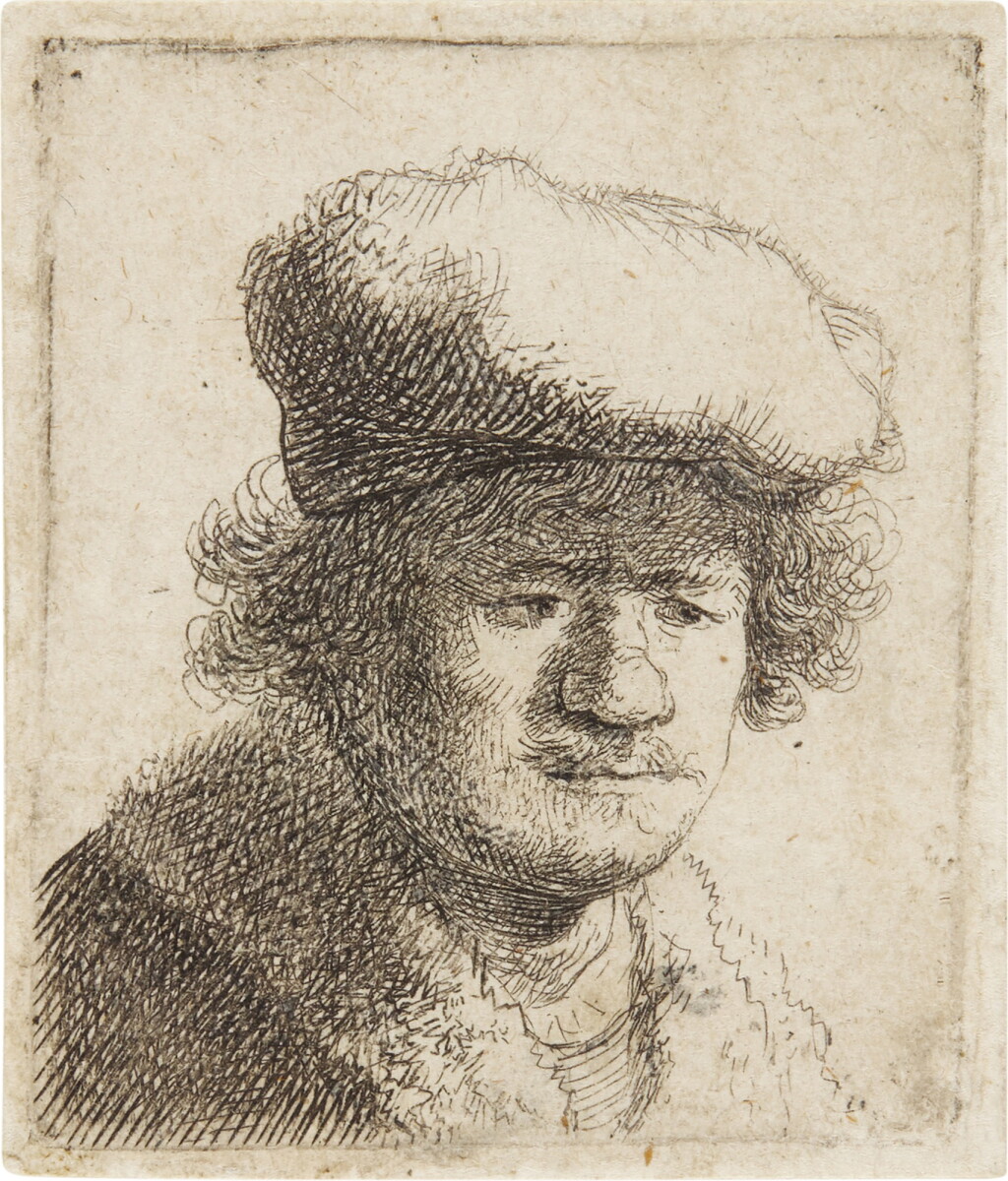 View full screen - View 1 of Lot 41. Self-Portrait with Cap Pulled Forward (B., Holl. 319; New Holl. 71; H. 58).
