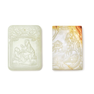 View full screen - View 1 of Lot 1293. Two inscribed jade plaques, Qing dynasty | 清 青白玉雕高士圖詩文牌及白玉雕柳岸幽居圖詩文牌.