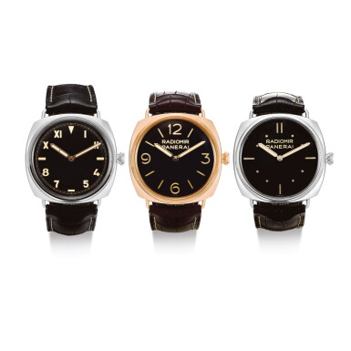 View full screen - View 1 of Lot 2015. PANERAI | RADIOMIR, REFERENCES PAM00373, PAM00376 AND PAM00379 A SET OF THREE LIMITED EDITION PLATINUM, WHITE GOLD AND PINK GOLD WRISTWATCHES, CIRCA 2011 | 沛納海 | "Radiomir 型號PAM00373;PAM00376 及 PAM00379 一套三件限量版鉑金、黃金及粉紅金腕錶,錶殼編號 N006/300; N006/501及 N006/501,約2011年製".