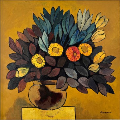 View full screen - View 1 of Lot 386. Flores secas fondo amarillo.