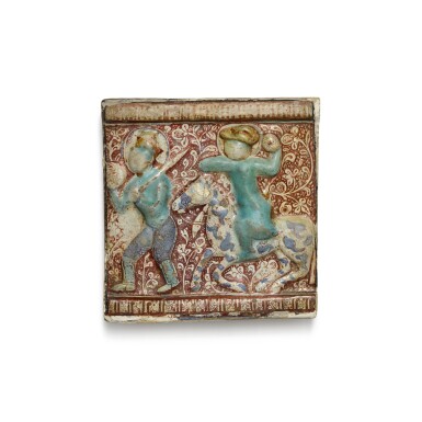 View full screen - View 1 of Lot 188. A Kashan moulded pottery tile with falconer on horseback on a lustre ground, Persia, 12th/13th century.