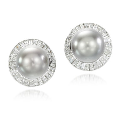 View full screen - View 1 of Lot 166. Pair of cultured pearl and diamond ear clips, 1992.