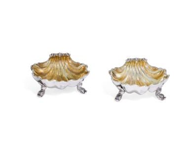 View full screen - View 1 of Lot 182. A pair of George III silver shell shaped salts, Robert Hennell, London, 1778.