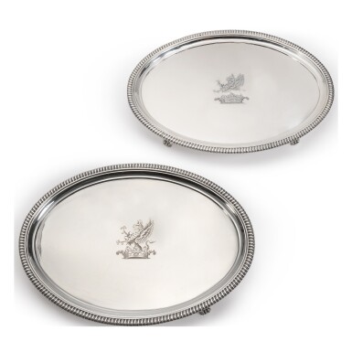 View full screen - View 1 of Lot 126. A PAIR OF GEORGE III SILVER OVAL SALVERS, THOMAS HANNAM AND JOHN CROUCH, LONDON, 1803.