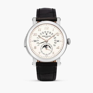 View full screen - View 1 of Lot 2599. Reference 5213 | A white gold minute repeating perpetual calendar wristwatch with moon phases, retrograde date and leap year indication, Circa 2013.