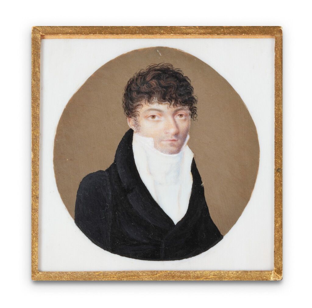 View full screen - View 1 of Lot 43. A French slightly oval miniature on ivory representing a young man, probably Jean-Baptiste-Claude Odiot, Paris, circa 1800 | Miniature légèrement ovale sur ivoire représentant un jeune homme, probablement l'orfèvre Jean-Baptiste-Claude Odiot, Paris, vers 1800.