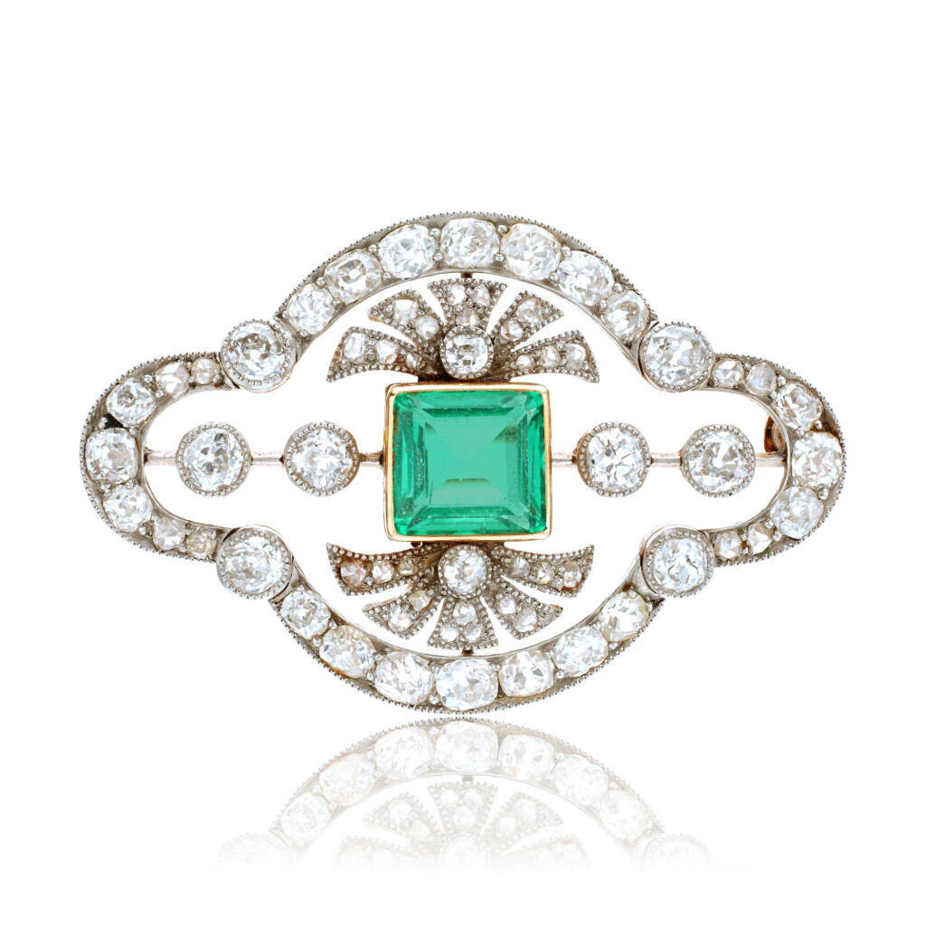 View full screen - View 1 of Lot 646. Emerald and Diamond Brooch.