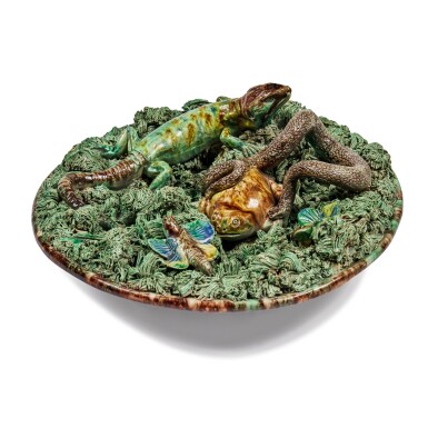View full screen - View 1 of Lot 278. Six Large Portuguese Palissy-Style Trompe l'oeil Dishes, Late 19th Century.