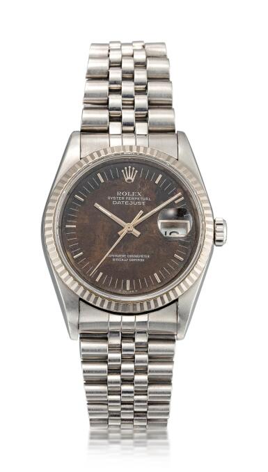 View full screen - View 1 of Lot 8066. ROLEX | DATEJUST, REFERENCE 16234 | A STAINLESS STEEL AND WHITE GOLD WRISTWATCH WITH DATE, WALNUT WOOD DIAL AND BRACELET, CIRCA 1995 | 勞力士 | Datejust 型號16234 精鋼及白金鏈帶腕錶,備日期顯示及胡桃木錶盤,約1995年製.