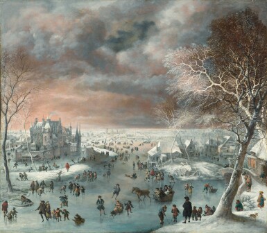 View full screen - View 1 of Lot 25. A winter landscape with figures ice skating, a village and castle beyond | 《滑雪遊人冬日景緻,遠眺城堡與村莊》.