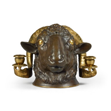 View full screen - View 1 of Lot 284. A Victorian Gilt and Patinated Bronze Ram's Head Inkwell, Second Half 19th Century.