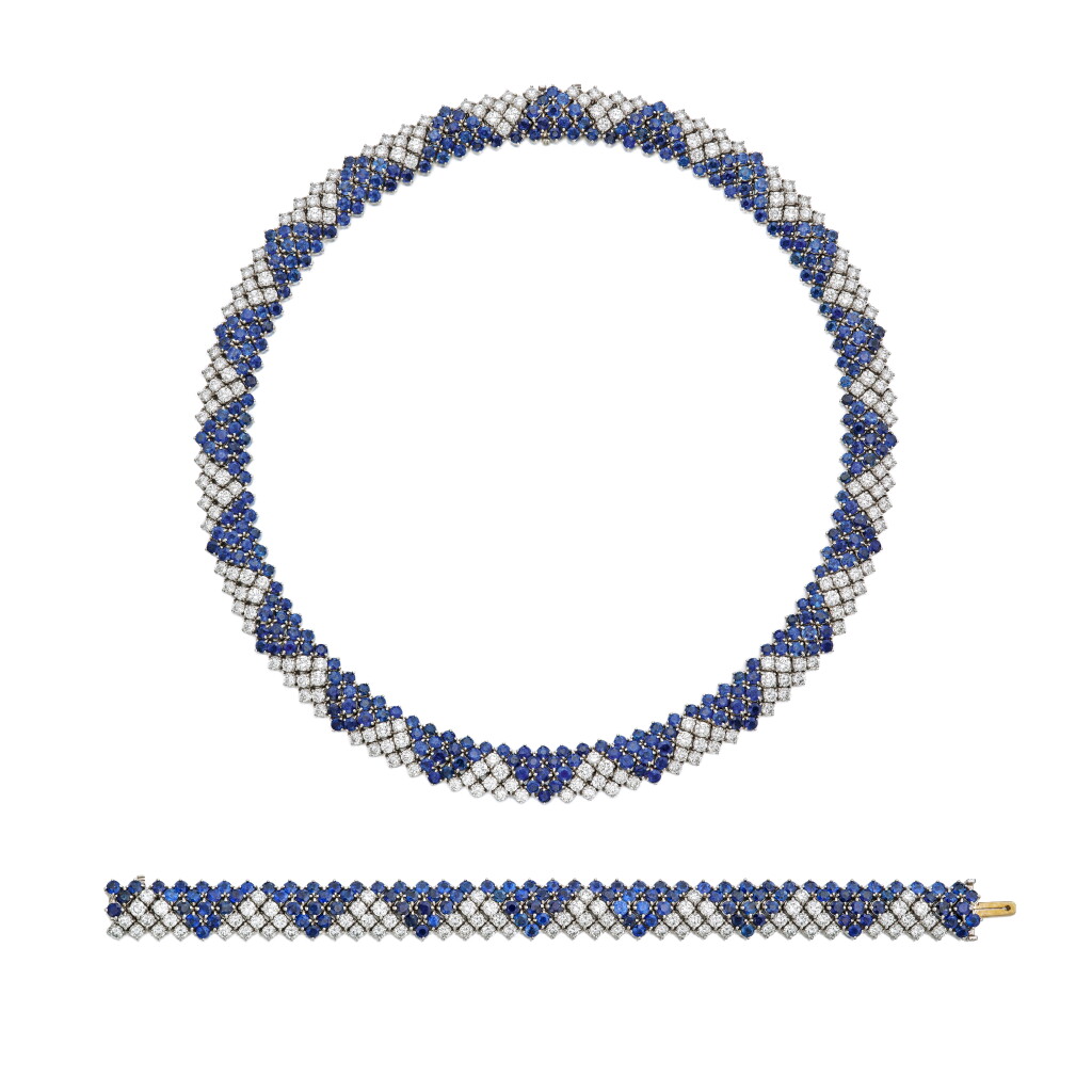 View full screen - View 1 of Lot 123. Sapphire and Diamond Necklace and Bracelet.