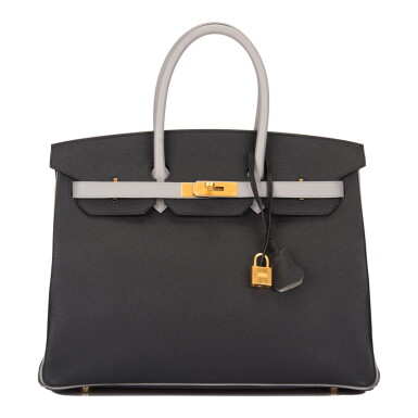 View full screen - View 1 of Lot 27. Hermès Horseshoe Stamp (HSS) Bicolor Black and Gris Mouette Birkin 35cm of Epsom Leather with Brushed Gold Hardware.