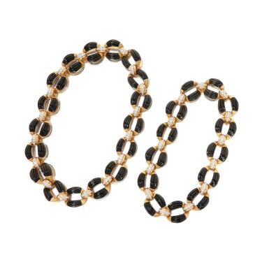 View full screen - View 1 of Lot 428. Gold, Onyx and Diamond Necklace.
