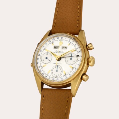 View full screen - View 1 of Lot 95. Dato-Compax, ‘Jean-Claude Killy’, Reference 6036 | A yellow gold triple calendar chronograph wristwatch | Circa 1952.